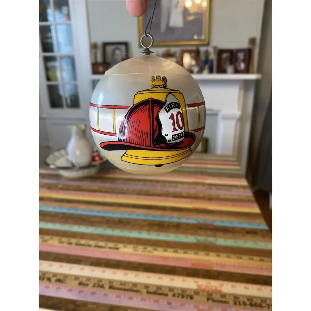 VINTAGE Satin Ball Firefighter Fire Dept 10 Christmas Ornament Fire Engine 80s